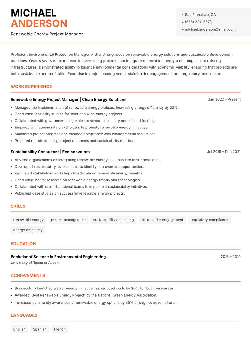 Environmental Protection Manager resume sample — Renewable Energy Project Manager focus