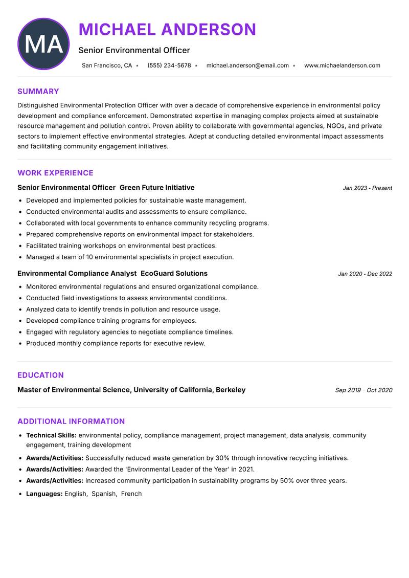 Environmental Protection Officer resume example