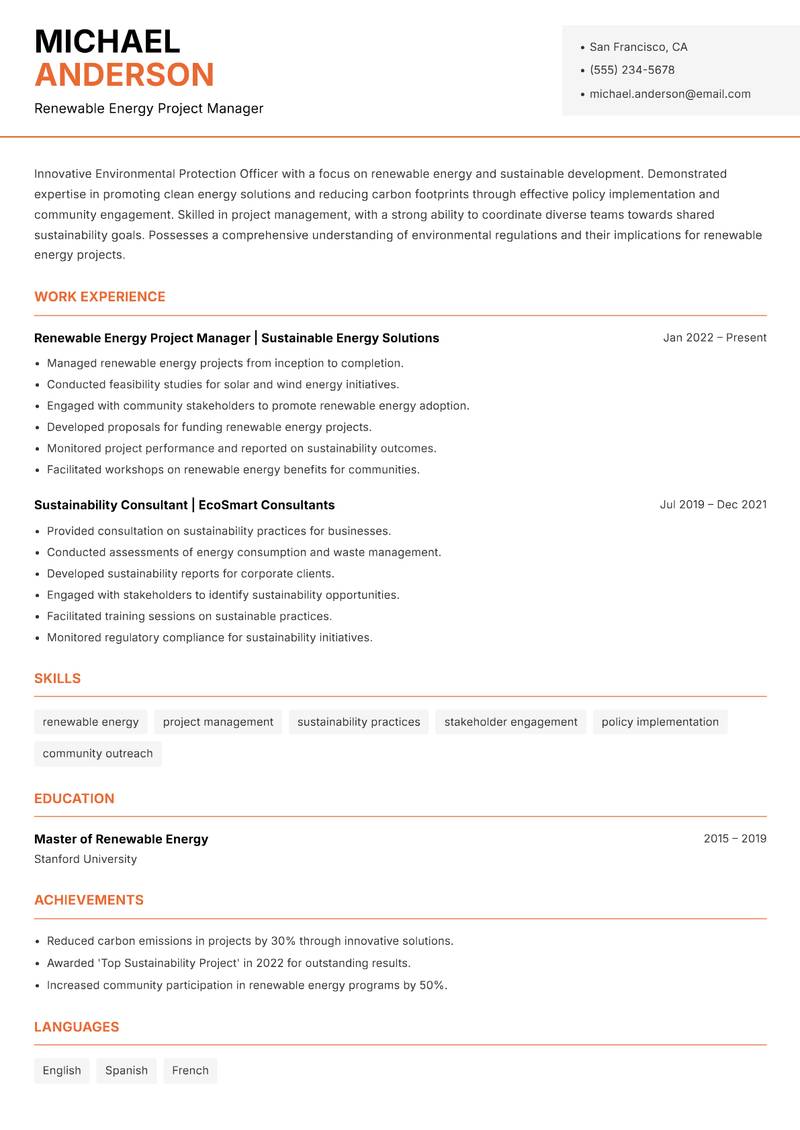 Environmental Protection Officer resume sample — Renewable Energy Project Manager focus