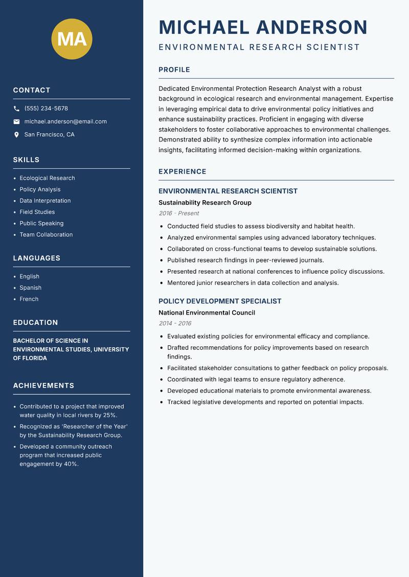 Environmental Protection Research Analyst resume sample — Environmental Research Scientist focus