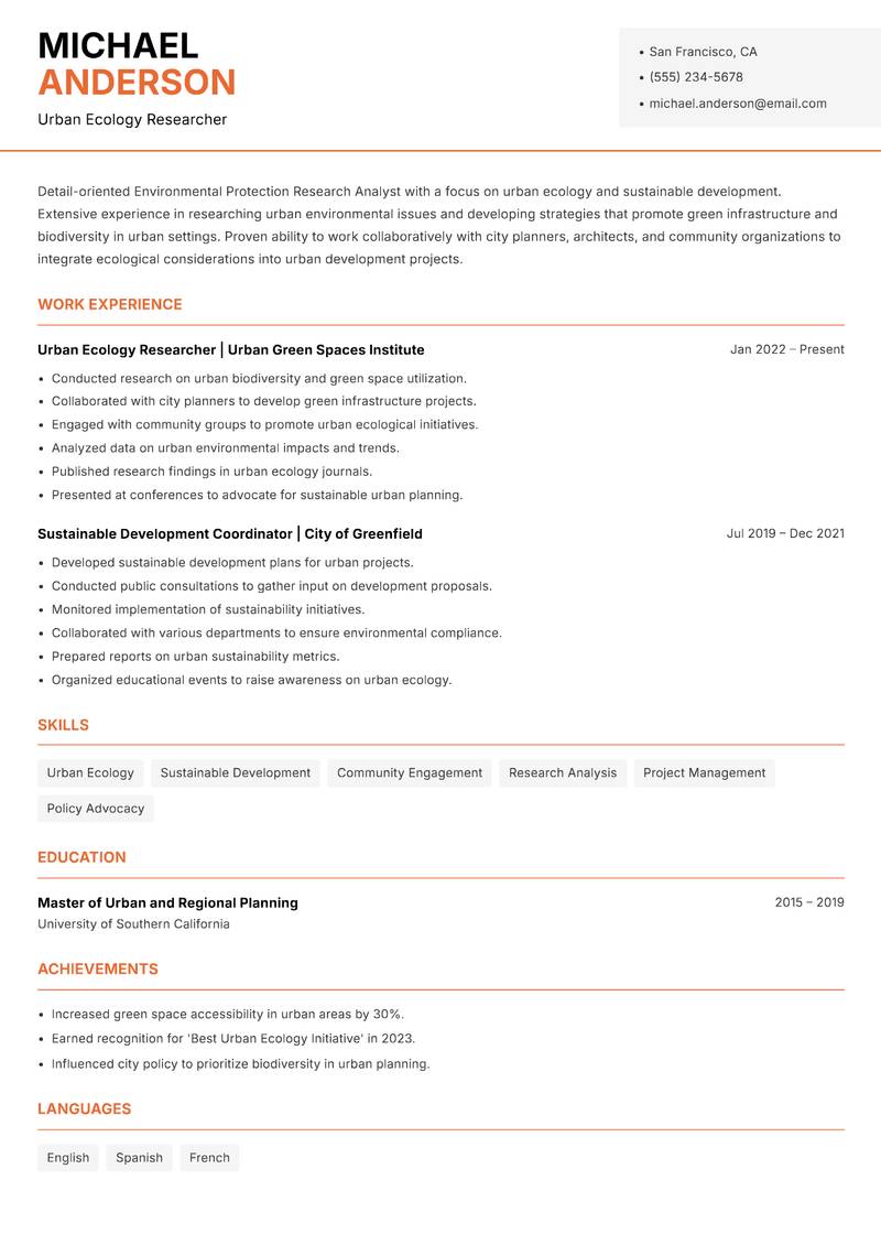 Environmental Protection Research Analyst resume sample — Urban Ecology Researcher focus