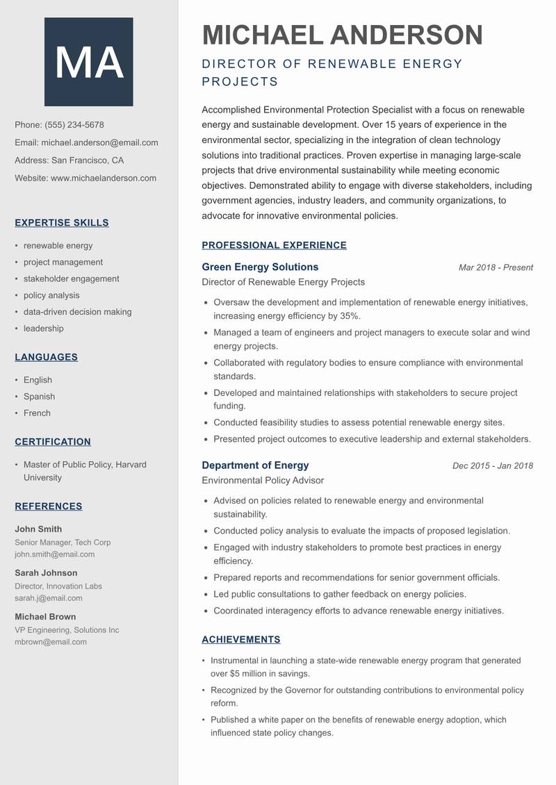 Environmental Protection Specialist resume sample — Director of Renewable Energy Projects focus