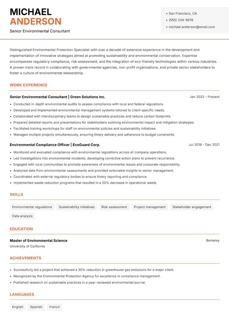 Environmental Protection Specialist resume sample — Senior Environmental Consultant focus