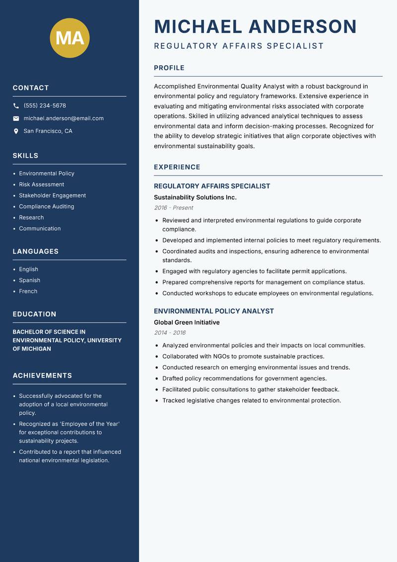 Environmental Quality Analyst resume sample — Regulatory Affairs Specialist focus