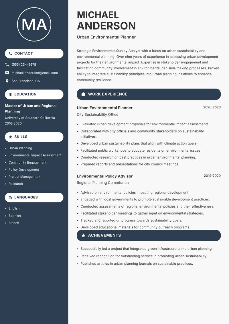 Environmental Quality Analyst resume sample — Urban Environmental Planner focus