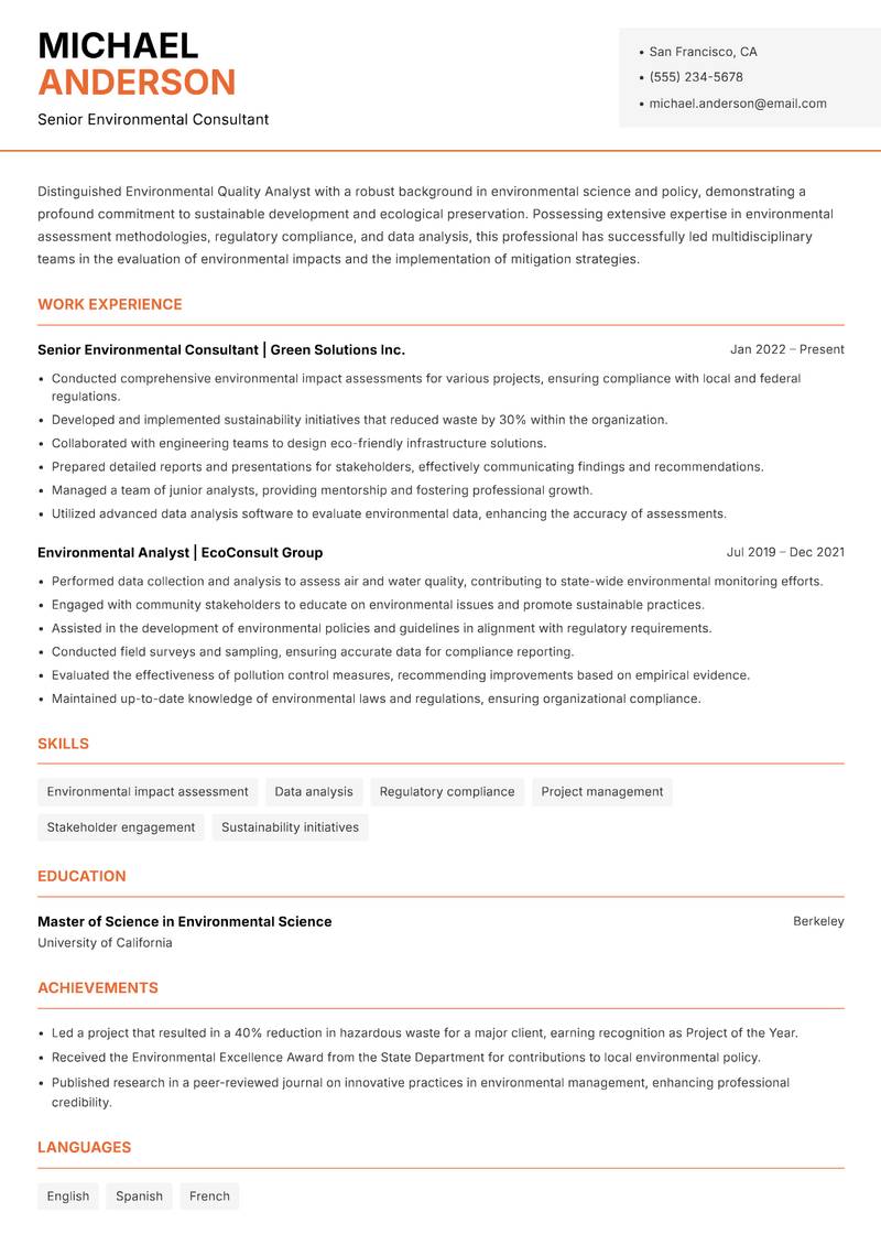 Environmental Quality Analyst resume sample — Senior Environmental Consultant focus