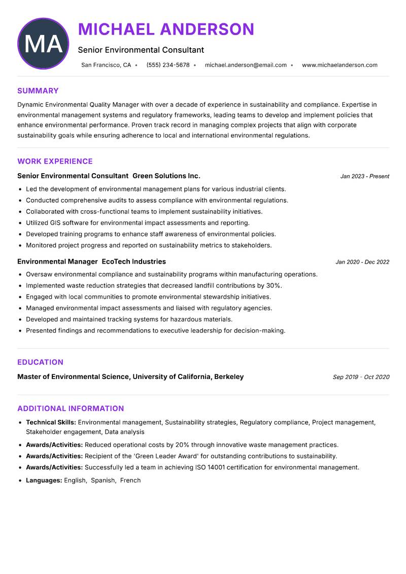 Environmental Quality Manager resume example