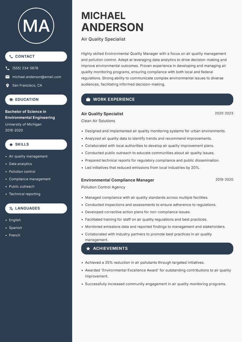 Environmental Quality Manager resume sample — Air Quality Specialist focus