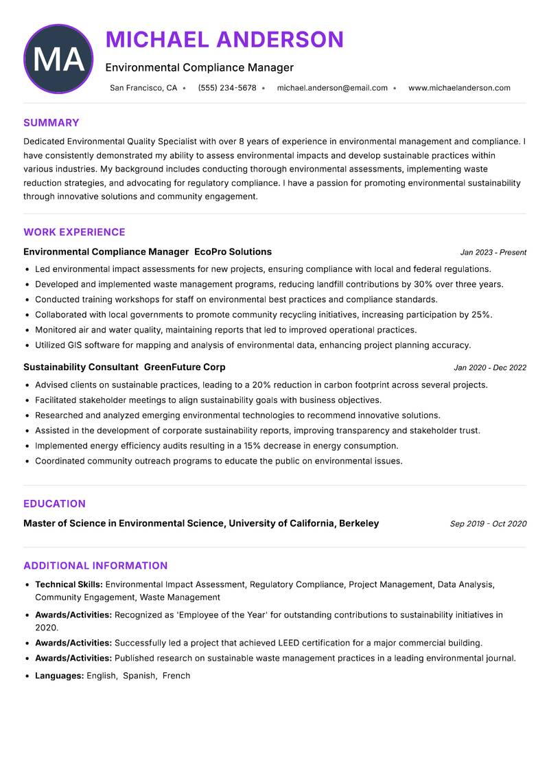 Environmental Quality Specialist resume example