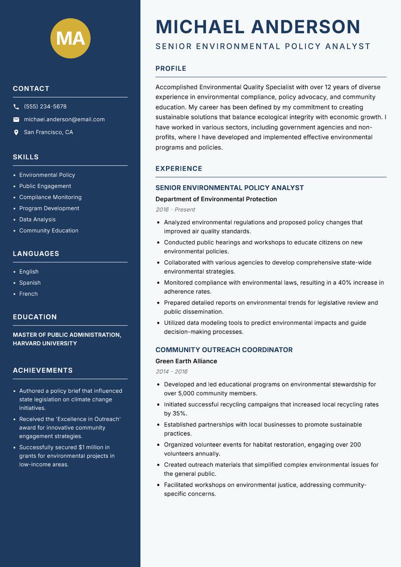 Environmental Quality Specialist resume sample — Senior Environmental Policy Analyst focus