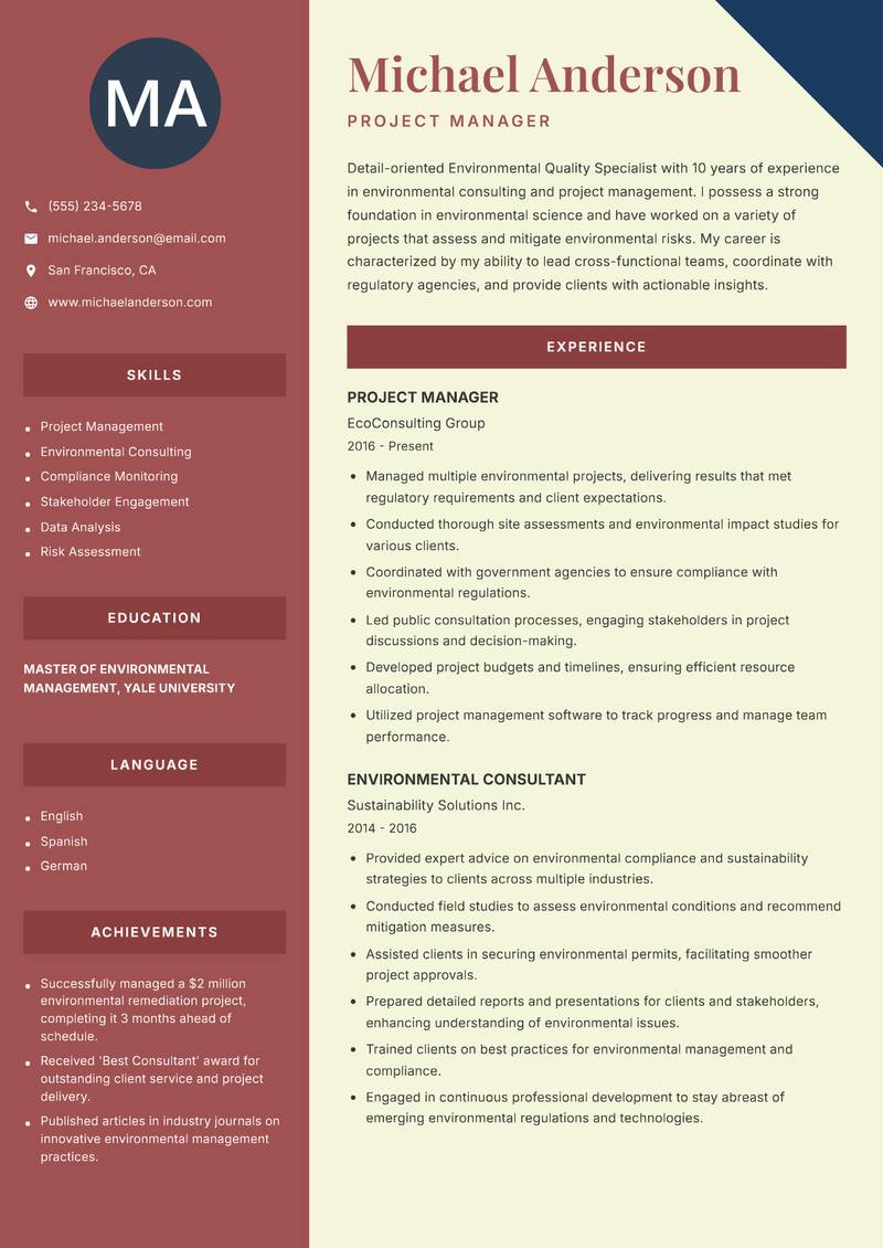 Environmental Quality Specialist resume sample — Project Manager focus
