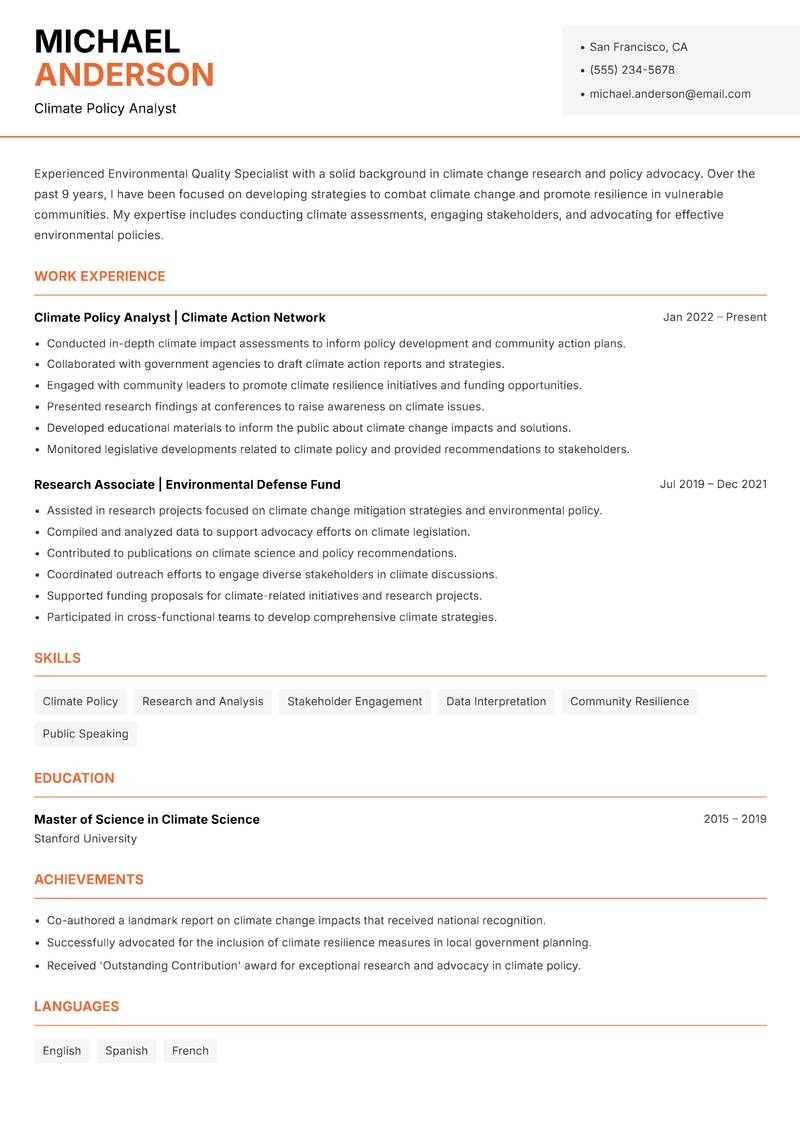 Environmental Quality Specialist resume sample — Climate Policy Analyst focus
