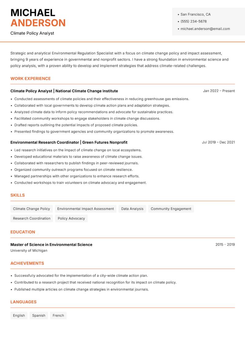 Environmental Regulation Specialist resume sample — Climate Policy Analyst focus