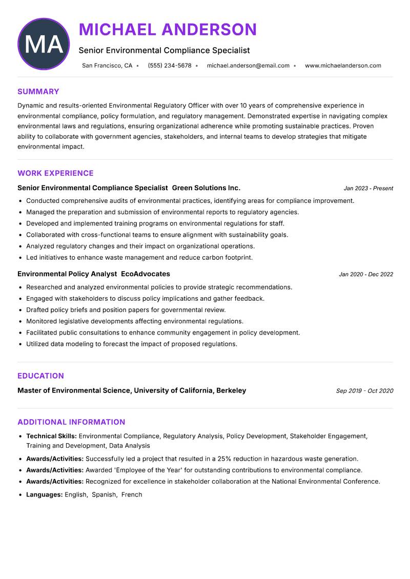 Environmental Regulatory Officer resume example
