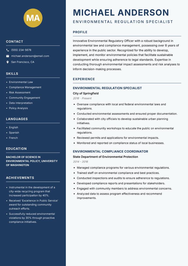 Environmental Regulatory Officer resume sample — Environmental Regulation Specialist focus