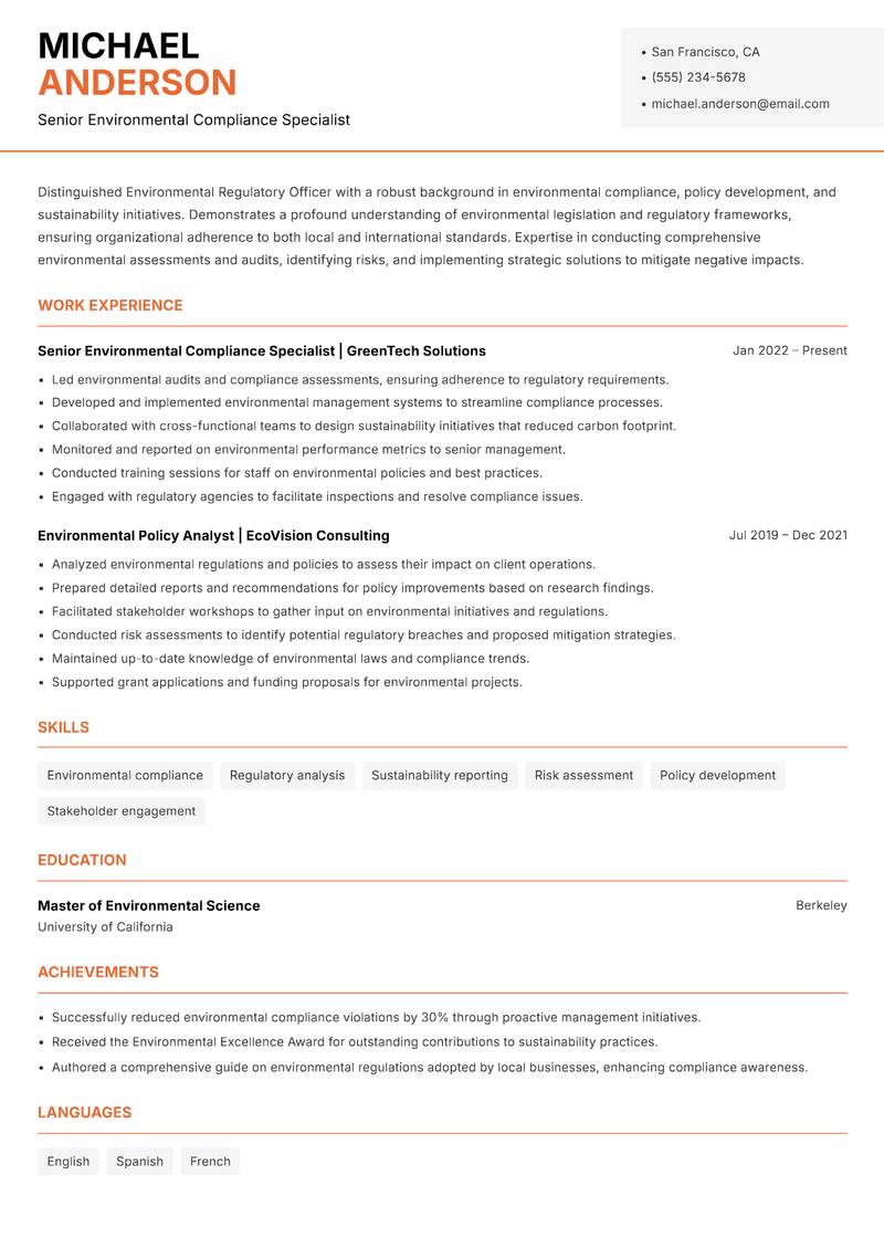 Environmental Regulatory Officer resume sample — Senior Environmental Compliance Specialist focus