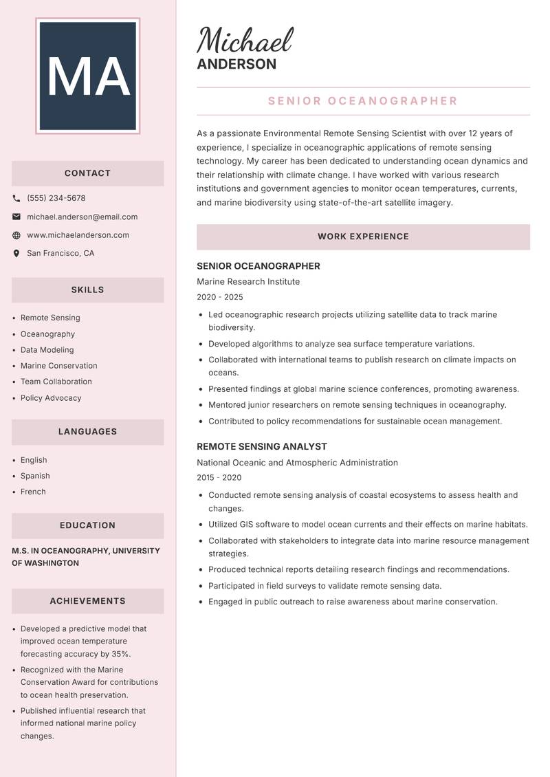 Environmental Remote Sensing Scientist resume sample — Senior Oceanographer focus
