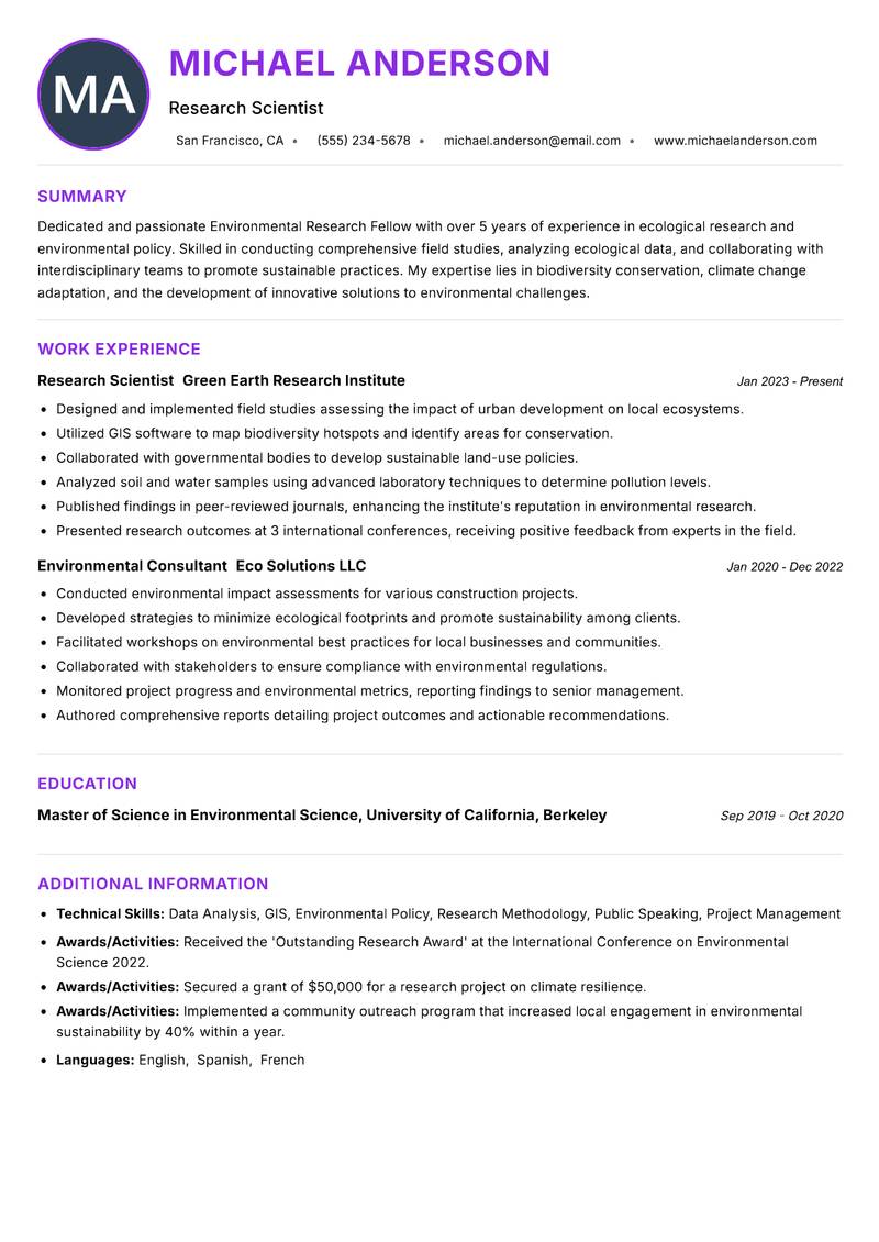 Environmental Research Fellow resume example