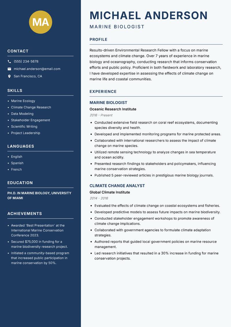 Environmental Research Fellow resume sample — Marine Biologist focus