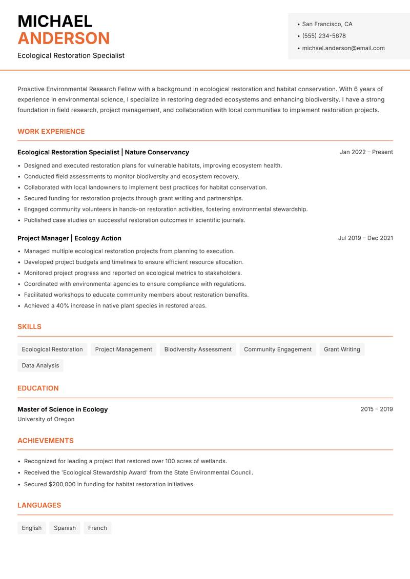 Environmental Research Fellow resume sample — Ecological Restoration Specialist focus