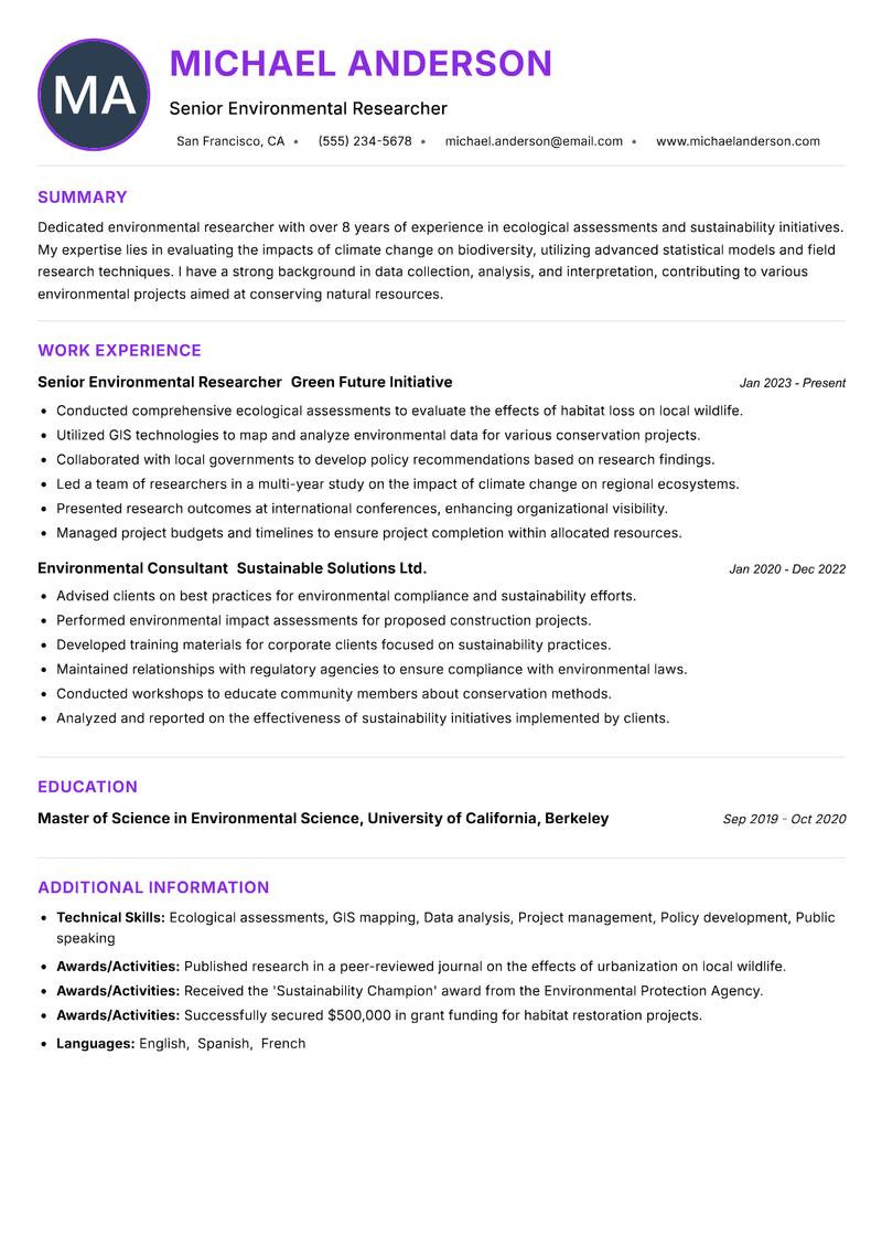 Environmental Researcher resume example