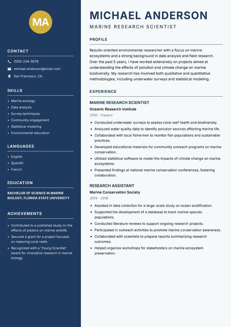 Environmental Researcher resume sample — Marine Research Scientist focus