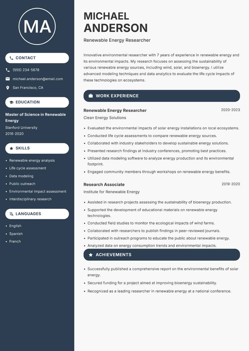 Environmental Researcher resume sample — Renewable Energy Researcher focus