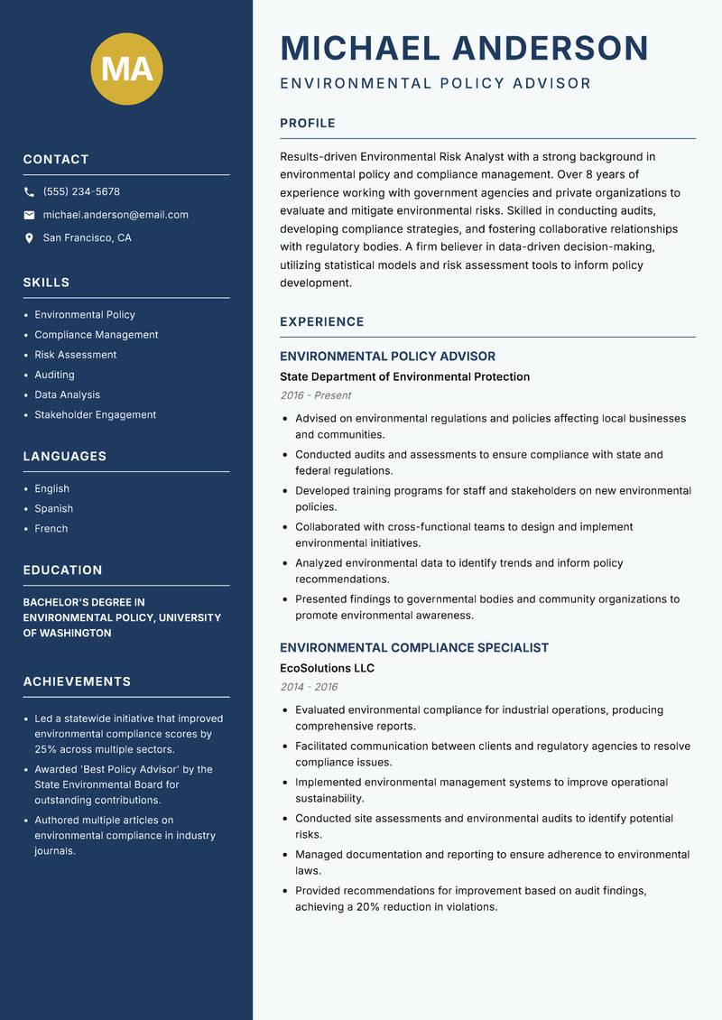 Environmental Risk Analyst resume sample — Environmental Policy Advisor focus