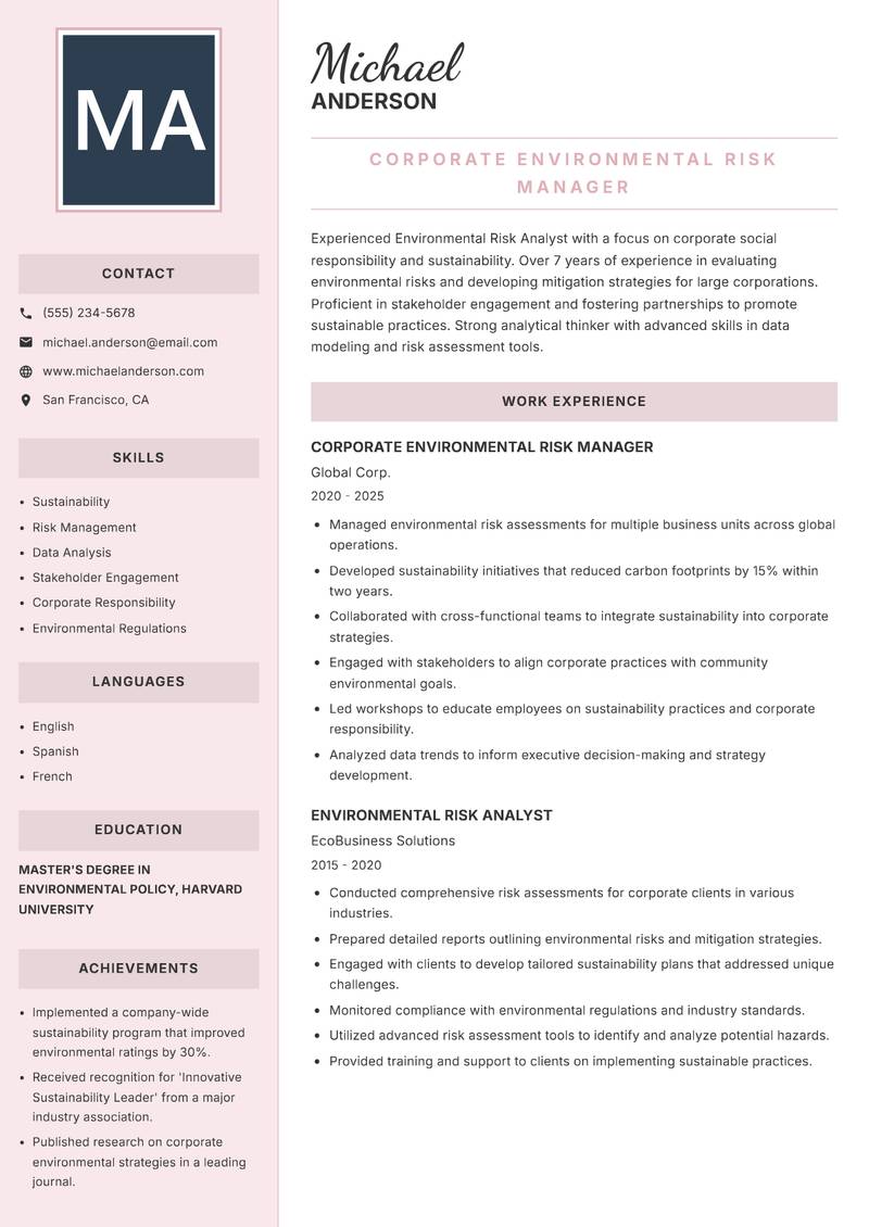Environmental Risk Analyst resume sample — Corporate Environmental Risk Manager focus
