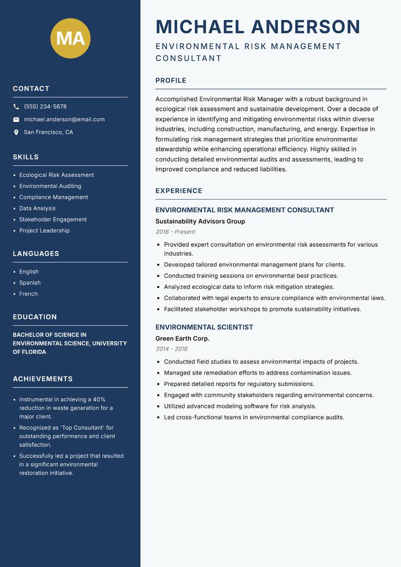 Environmental Risk Manager resume sample — Environmental Risk Management Consultant focus
