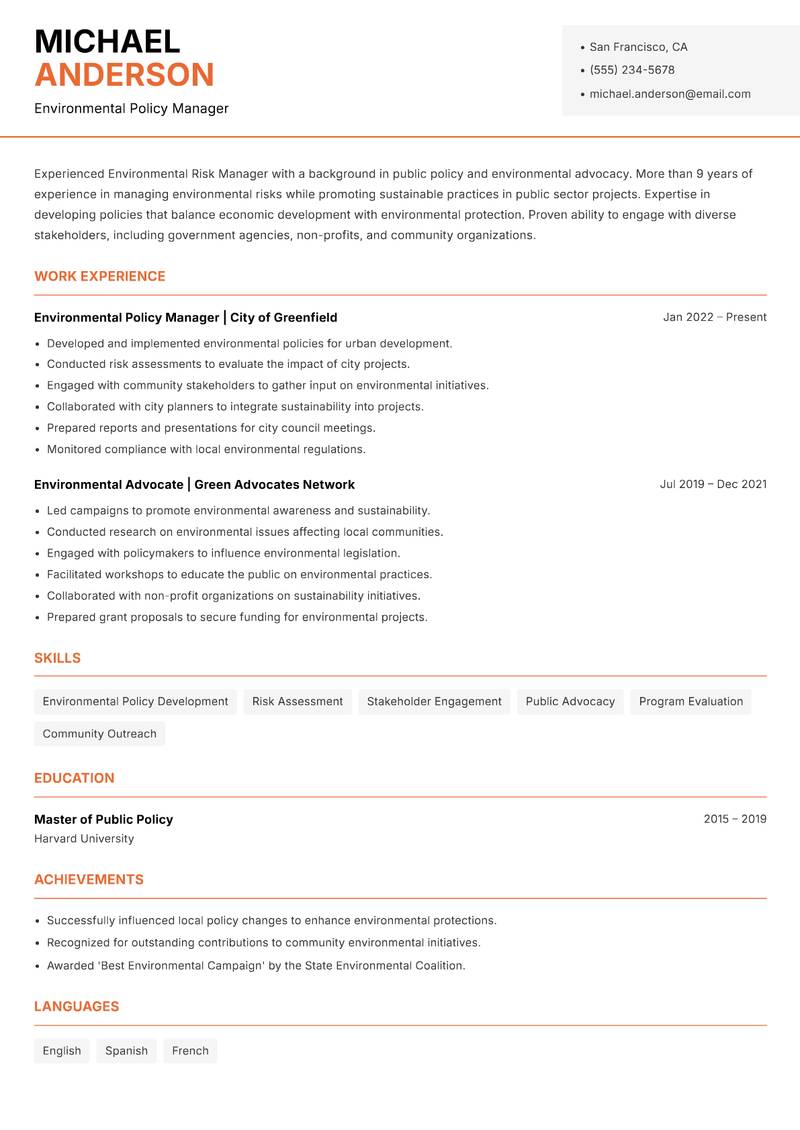 Environmental Risk Manager resume sample — Environmental Policy Manager focus