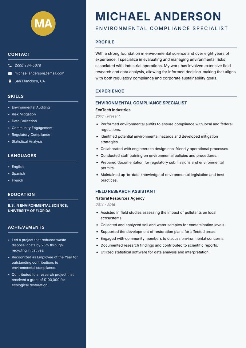 Environmental Risk Scientist resume sample — Environmental Compliance Specialist focus