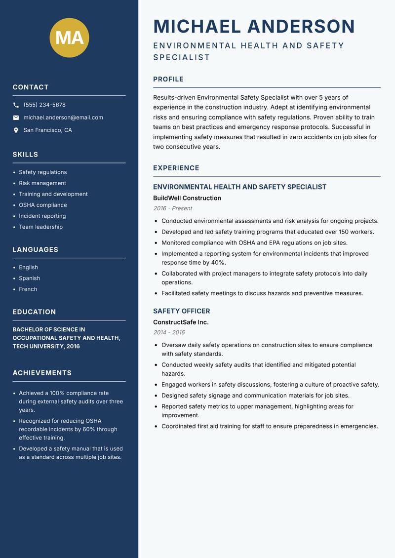Environmental Safety Specialist resume sample — Environmental Health and Safety Specialist focus