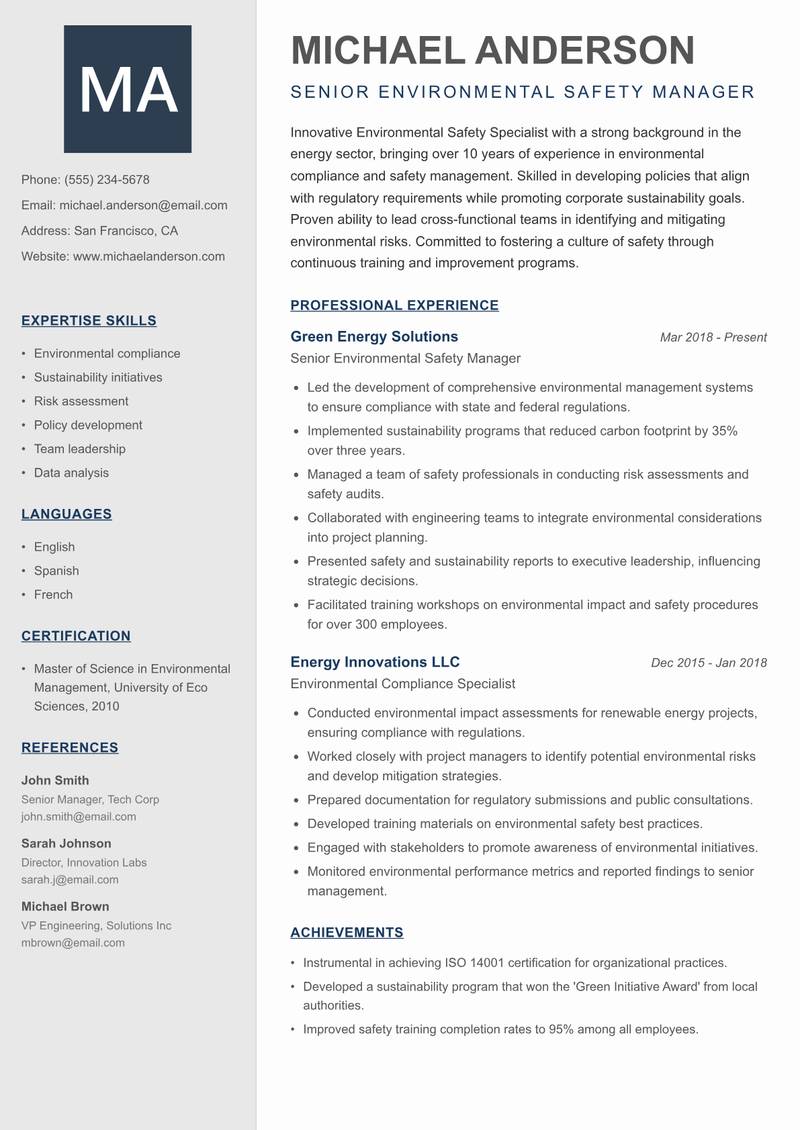 Environmental Safety Specialist resume sample — Senior Environmental Safety Manager focus