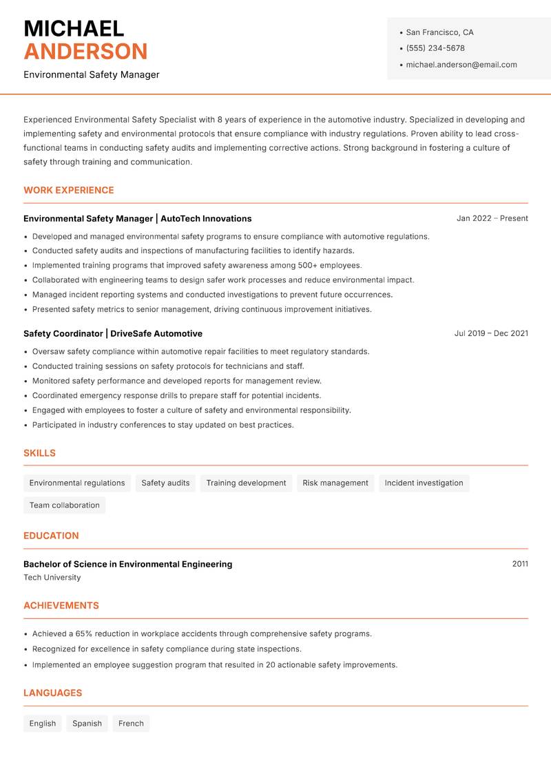 Environmental Safety Specialist resume sample — Environmental Safety Manager focus