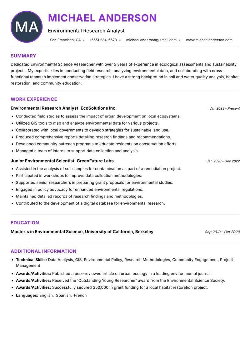 Environmental Science Researcher resume example