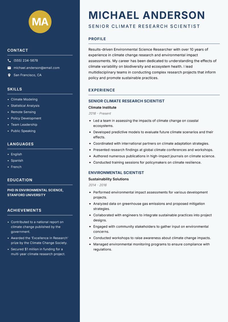 Environmental Science Researcher resume sample — Senior Climate Research Scientist focus