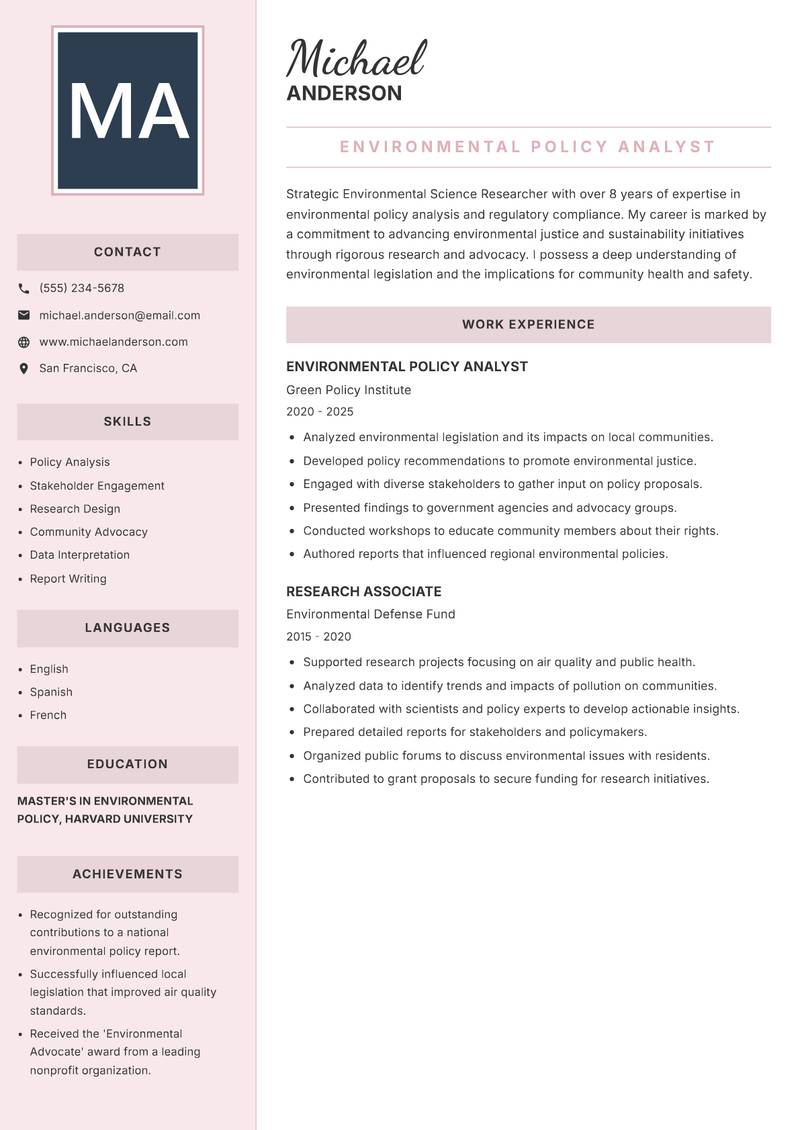 Environmental Science Researcher resume sample — Environmental Policy Analyst focus