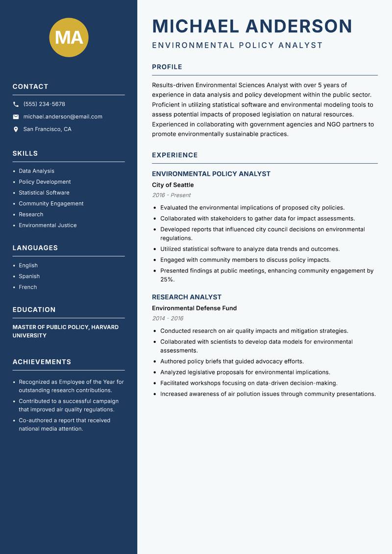 Environmental Sciences Analyst resume sample — Environmental Policy Analyst focus