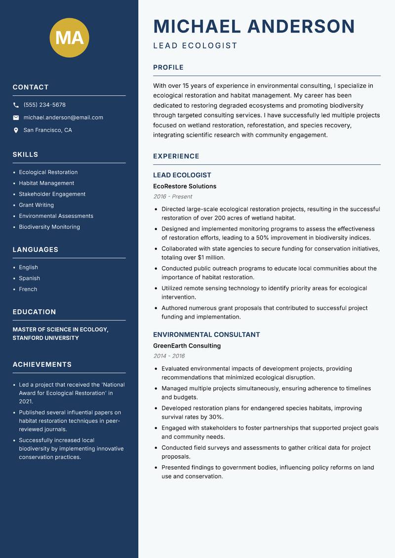 Environmental Sciences Consultant resume sample — Lead Ecologist focus