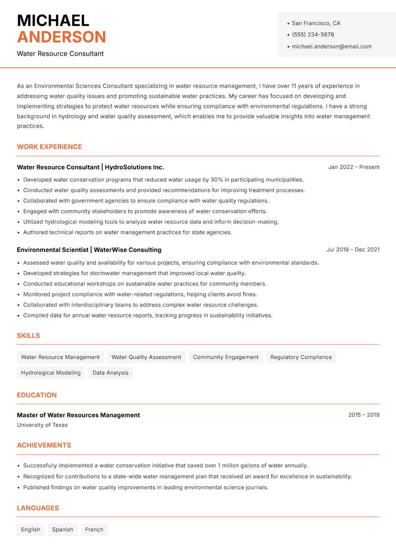 Environmental Sciences Consultant resume sample — Water Resource Consultant focus