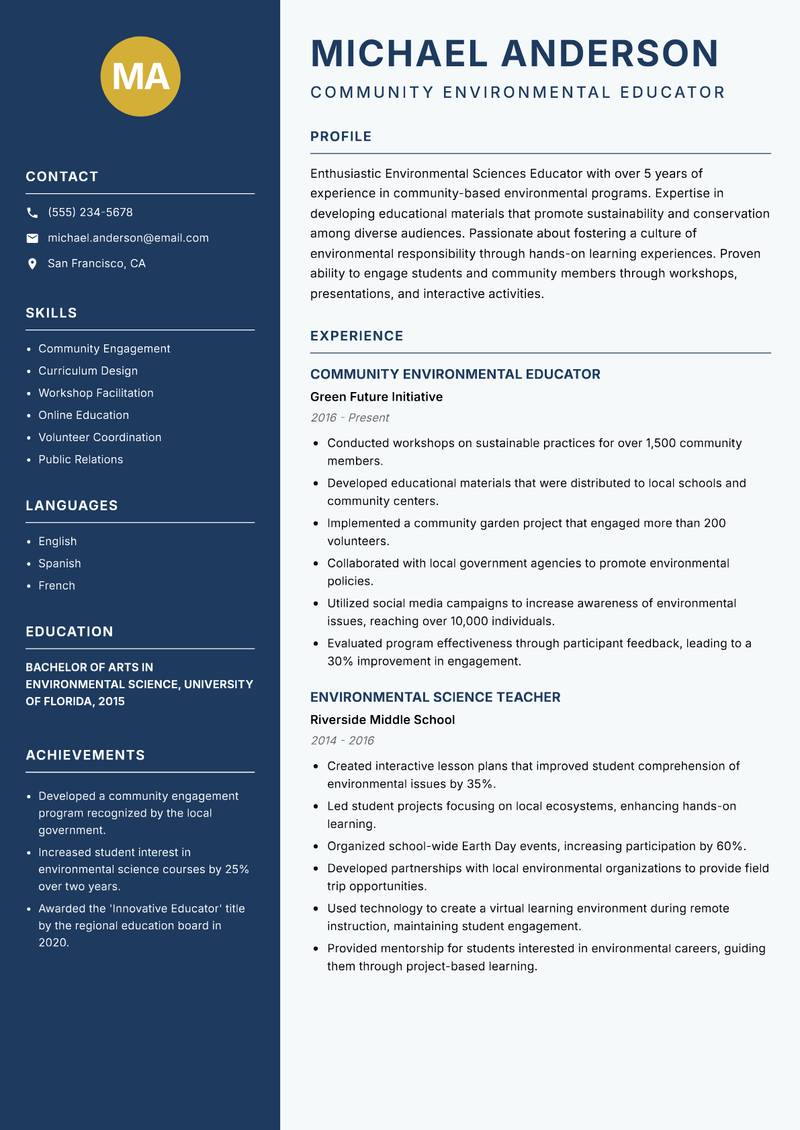 Environmental Sciences Educator resume sample — Community Environmental Educator focus
