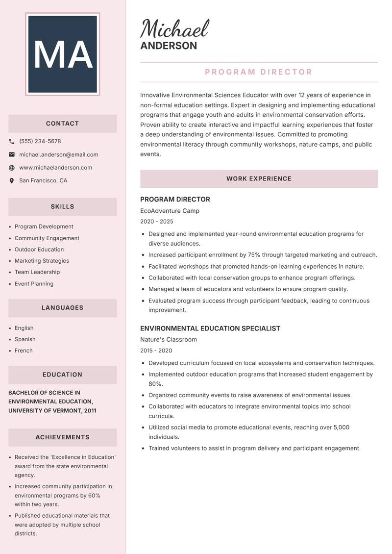 Environmental Sciences Educator resume sample — Program Director focus