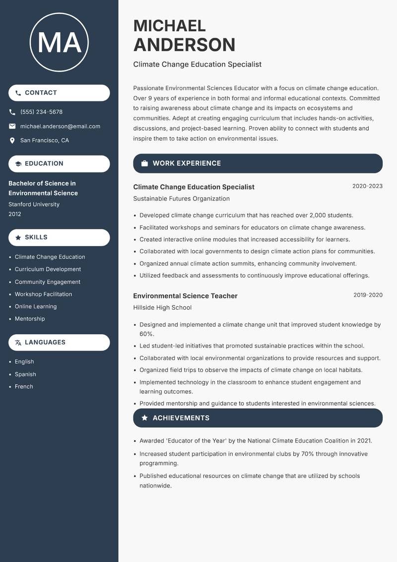 Environmental Sciences Educator resume sample — Climate Change Education Specialist focus