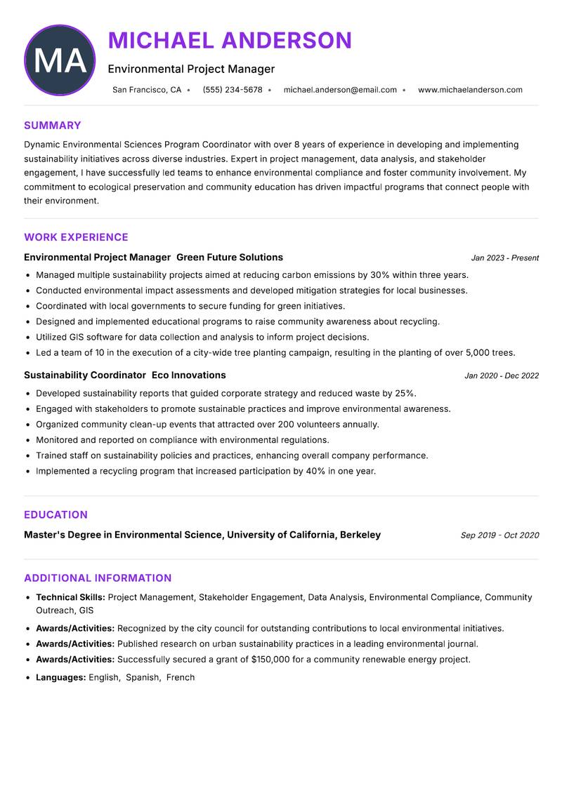 Environmental Sciences Program Coordinator resume example