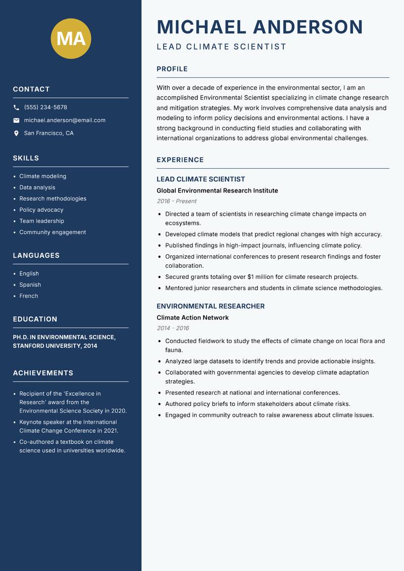 Environmental Scientist resume sample — Lead Climate Scientist focus