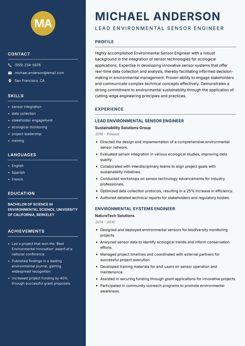 Environmental Sensor Engineer resume sample — Lead Environmental Sensor Engineer focus