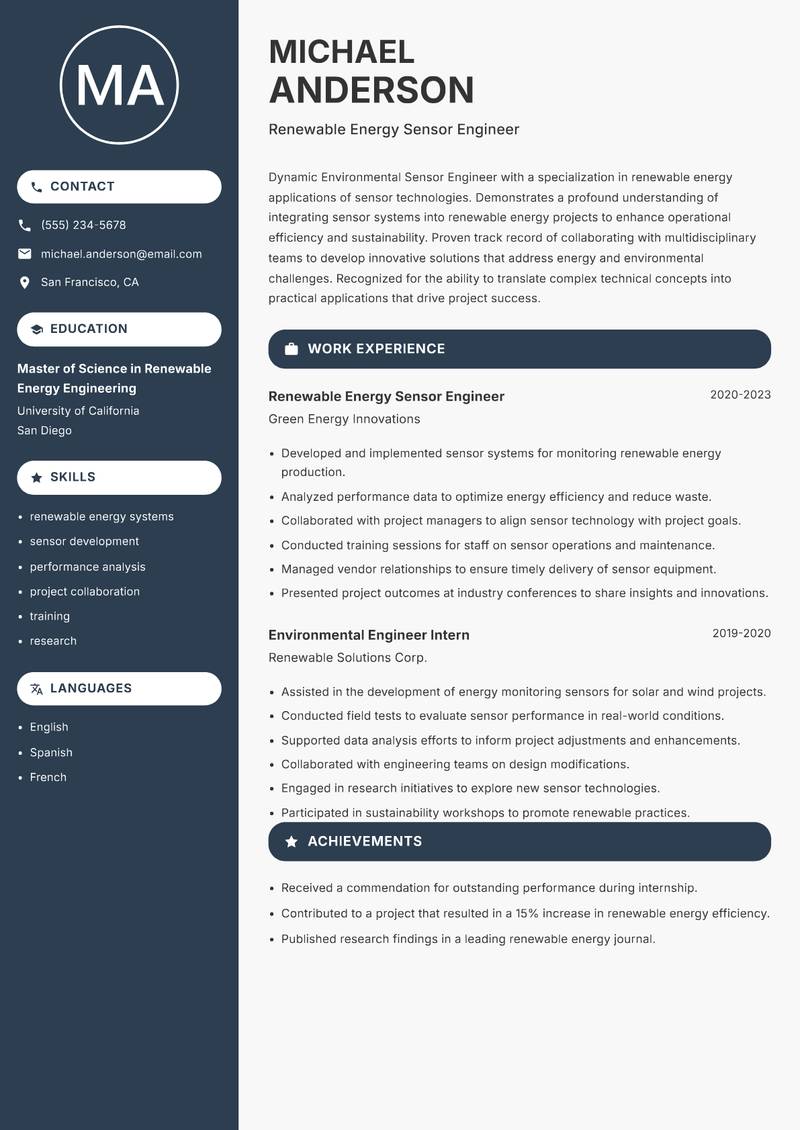 Environmental Sensor Engineer resume sample — Renewable Energy Sensor Engineer focus