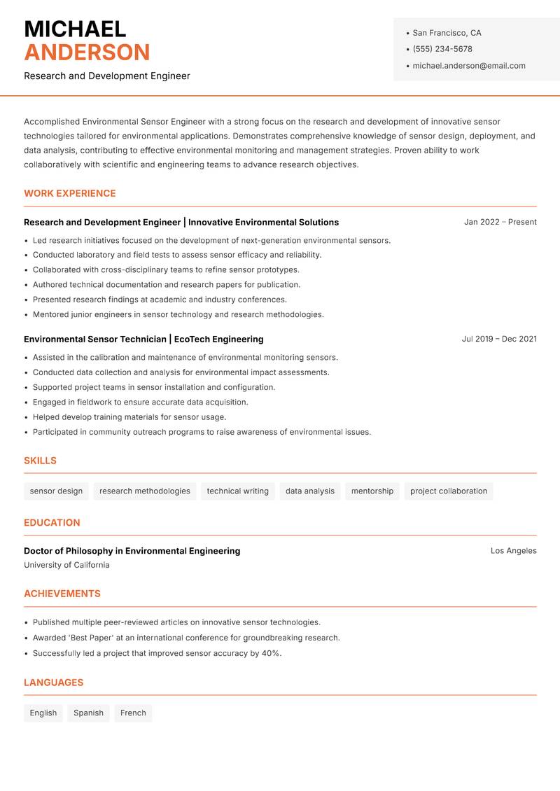Environmental Sensor Engineer resume sample — Research and Development Engineer focus