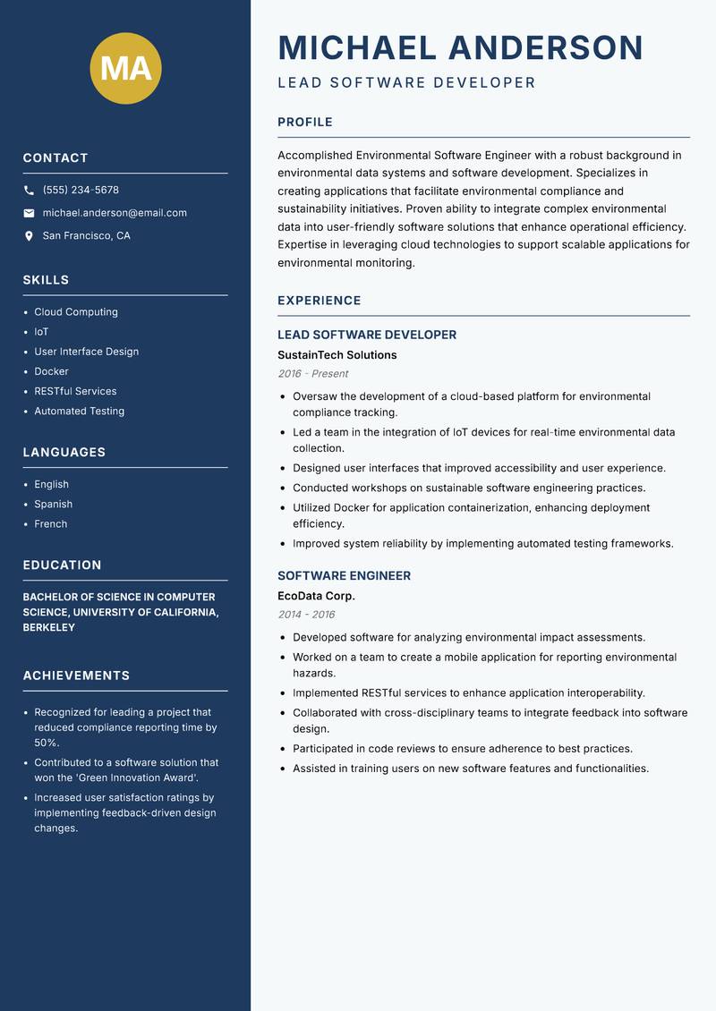 Environmental Software Engineer resume sample — Lead Software Developer focus